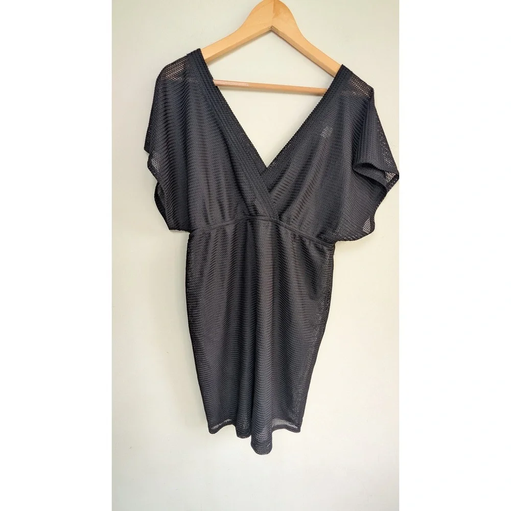 JORDAN TAYLOR Black Mesh Sheer Cover Up Dress Womens L V-Neck Swim Resort‎